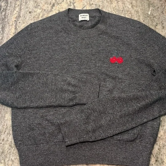 NWOT Artizia Sunday Best Abby Crewneck Wool Sweater Grey w/ Cherry detail Sz S - Picture 8 of 9
